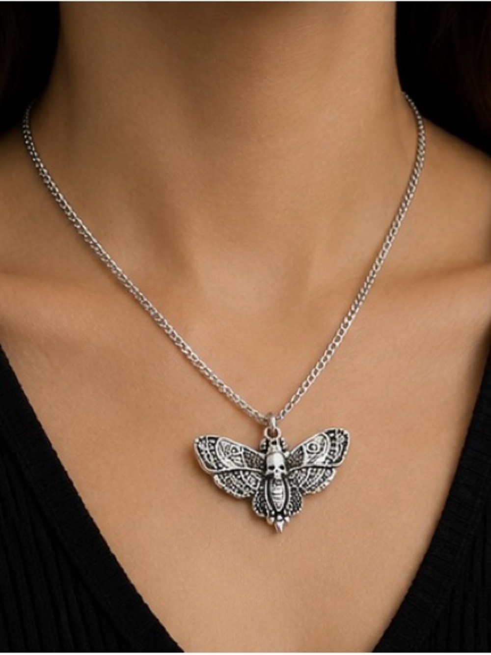 Death’s Head Moth Skull Pendant Necklace | Gothic Silver Moth Necklace |  Punk